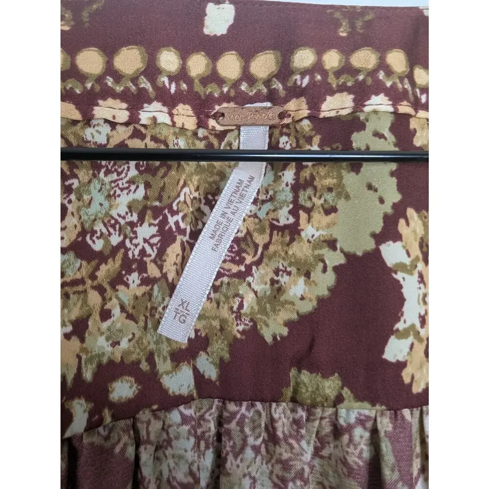 Free People Run Free Floral Tie Button Front Long Sleeve Blouse Boho